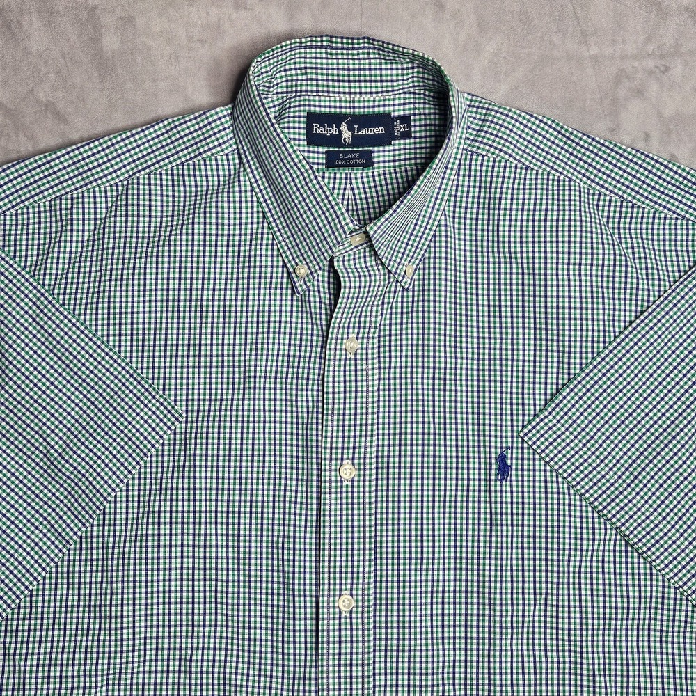 Ralph Lauren Shirt Mens XL Green/Blue Check Button Down Short Sleeve Blake Pony